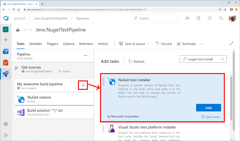 adding nuget tool installer task to build pipeline